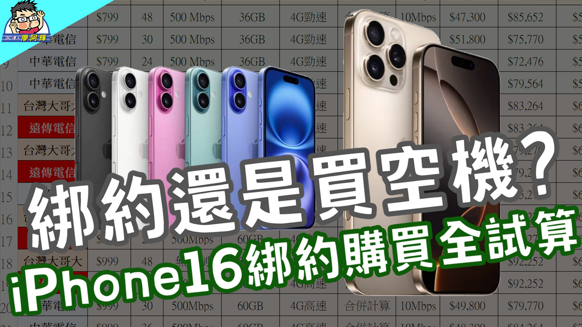 [影片] iPhone 16 綁約還是空機划算？ 中華 / 遠傳 / 台哥大 5G 電信綁約購機資費全彙整試算分析懶人包 @3C 達人廖阿輝