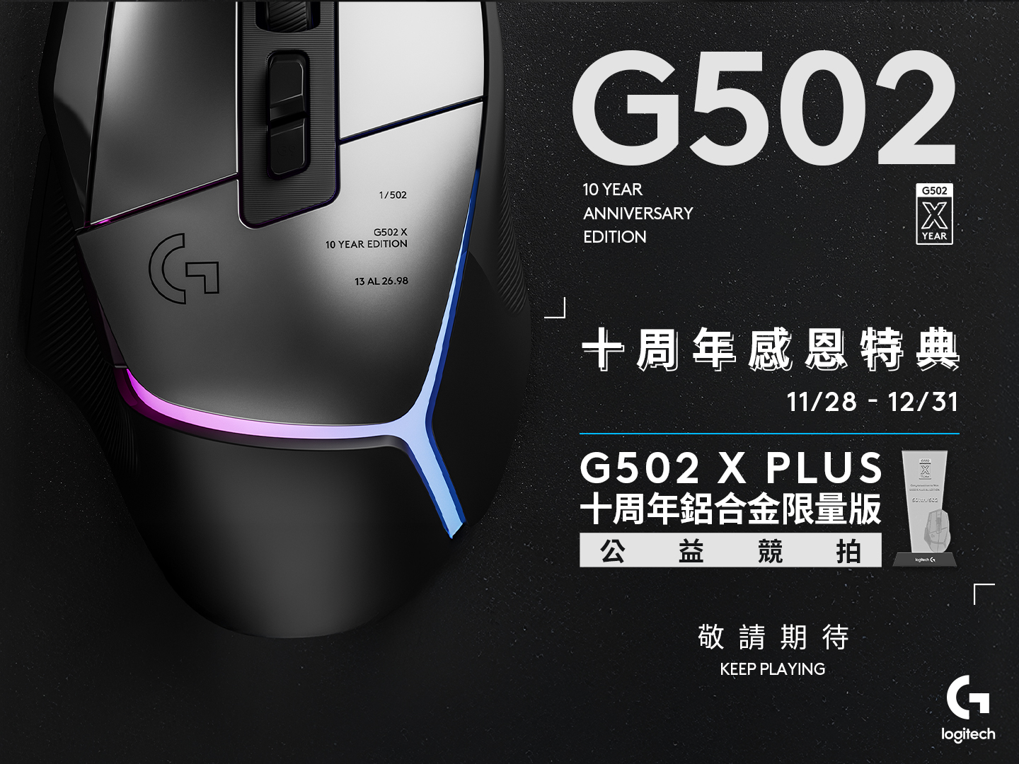 Logitech G502 X PLUS AL 十周年限量版滑鼠登場 鋁合金工藝創新升級，限量 502 隻向電競經典致敬 @3C 達人廖阿輝